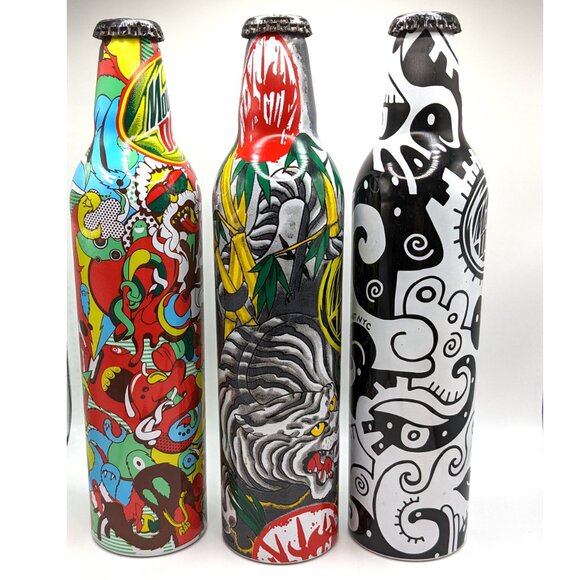 Mountain Dew Green Label Art Aluminum Soda Bottles, Empty Bottles, Set of Three - Picture 4 of 16